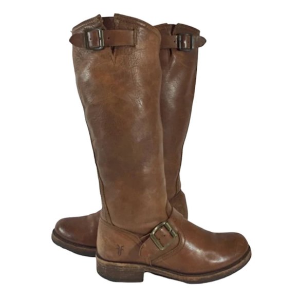 Frye Veronica Slouch Tall Riding Boots Brown Leather Knee High With Buckle